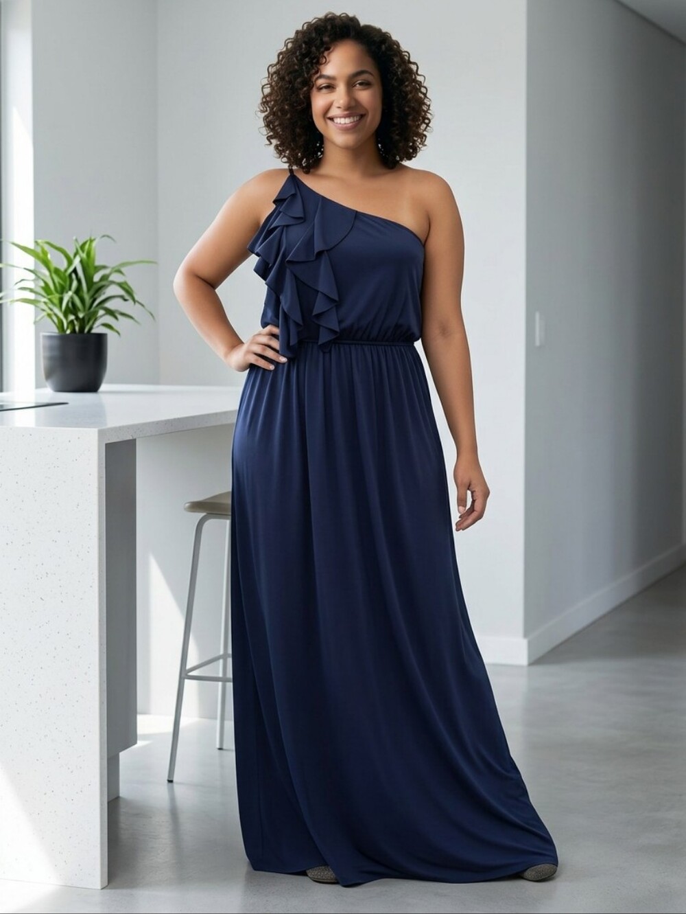 ModCloth Gilli One Shoulder Ruffle Maxi Dress Navy Blue Formal Party Large Luxe